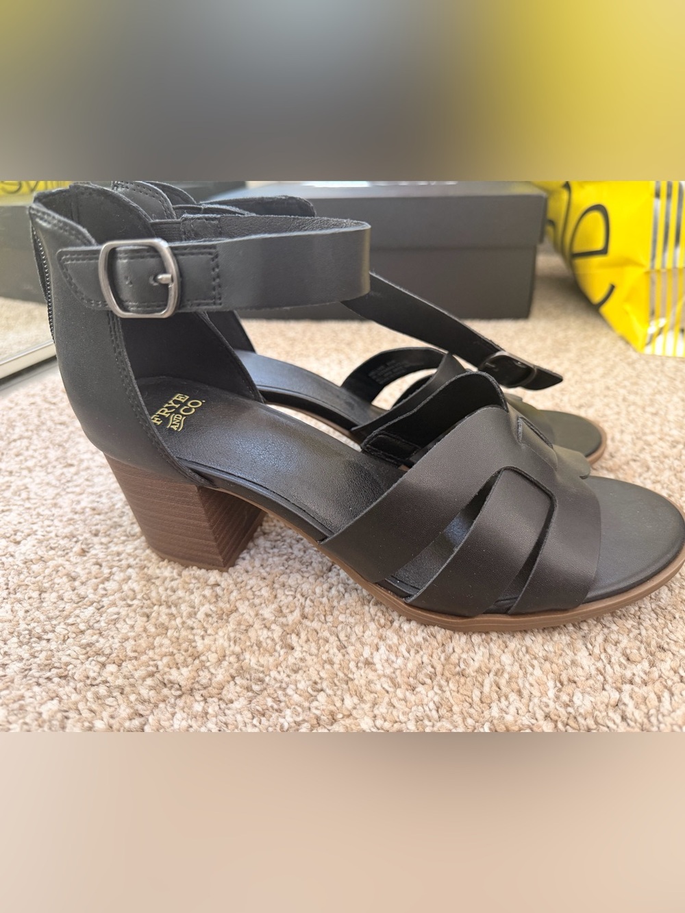 FRYE AND CO. Black Leather Strappy Block Heel Sandals